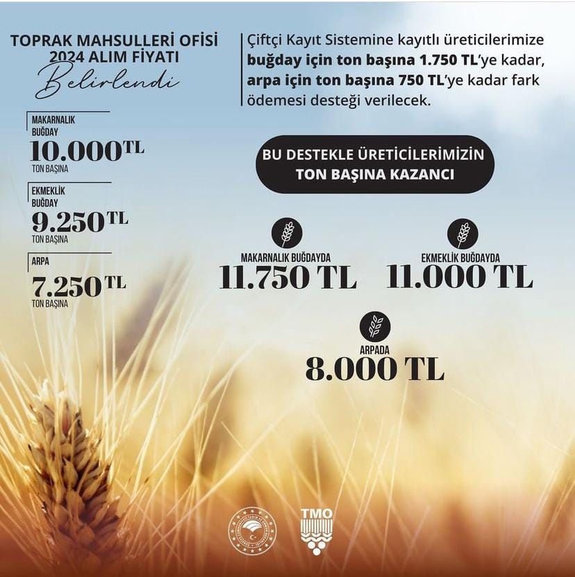 Toprak Mahsulleri Ofisi Açıkladı: 2024 Yılı Hububat Fiyatları