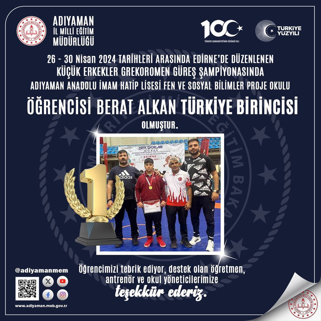 Küçük Erkekler Grekoromen Güreş Şampiyonasında Anadolu İmam Hatip Lisesi Öğrencisi Birincilik Elde Etti