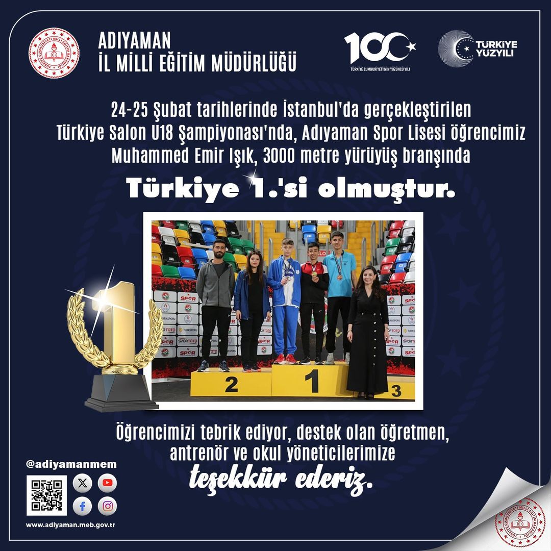 Adıyaman Spor Lisesi Öğrencisi Muhammed Emir Işık, Türkiye Salon U18 Şampiyonası'nda Altın Madalya Kazandı