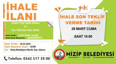 Nizip Belediyesi, Kamu Kurumlarının İhtiyaçları İçin Salon Tipi Split Klima ve Ses Sistemi Alımı İçin İhale Duyurusu Yaptı