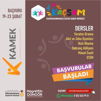 Kahramanmaraş Büyükşehir Belediyesi, Çocuk Sanat Merkezi'nde Yeni Dönem Kursları İçin Başvurular Başladı