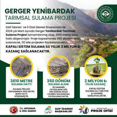 Adıyaman'ın Gerger ilçesindeki Yenibardak Köyü, sulama projesiyle tarımsal üretim kapasitesini artırıyor